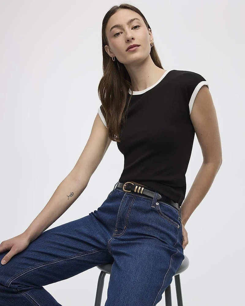 Extended-Sleeve Crew-Neck Ribbed Top