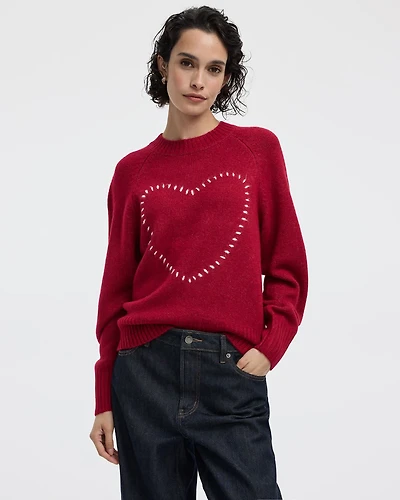 Long-Sleeve Crew-Neck Pullover with Heart Embroidery