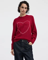 Long-Sleeve Crew-Neck Pullover with Heart Embroidery