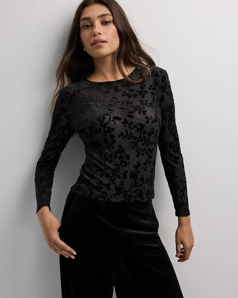 Long-Sleeve Crew-Neck Velvet Top