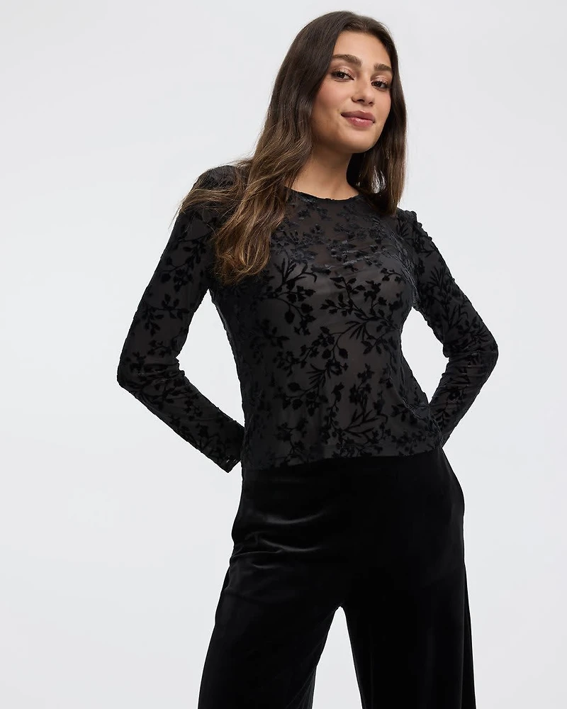 Long-Sleeve Crew-Neck Velvet Top