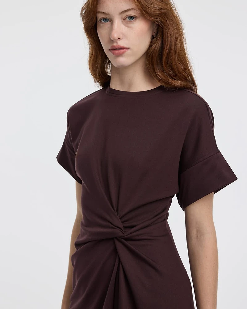 Short-Sleeve Fitted Dress with Knot Detail