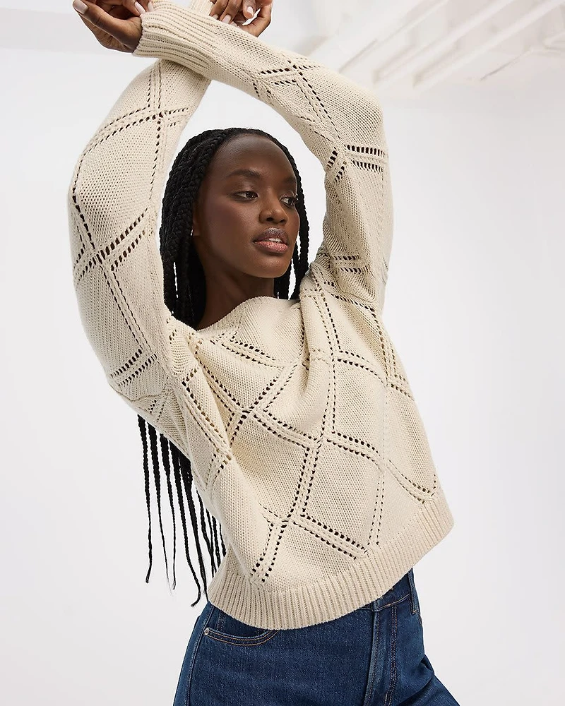 Long-Sleeve Boat-Neck Pullover with Open-Stitch Pattern