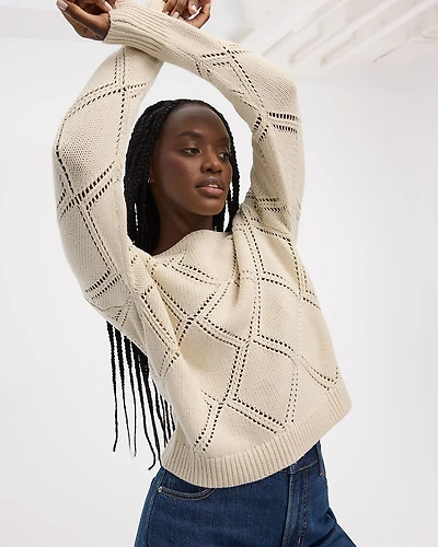 Long-Sleeve Boat-Neck Pullover with Open-Stitch Pattern
