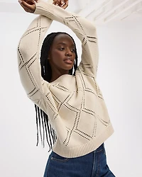 Long-Sleeve Boat-Neck Pullover with Open-Stitch Pattern