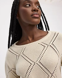 Long-Sleeve Boat-Neck Pullover with Open-Stitch Pattern