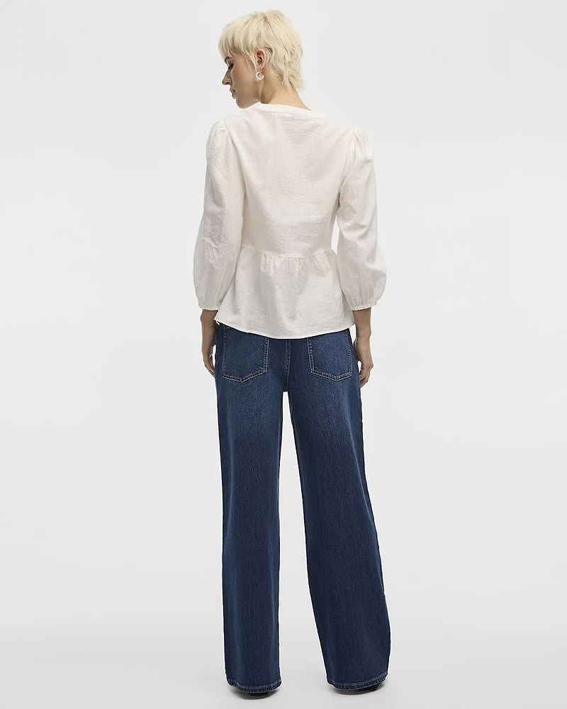 Puffy-Sleeve Split-Neck Blouse with Embroideries