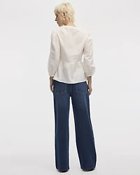 Puffy-Sleeve Split-Neck Blouse with Embroideries