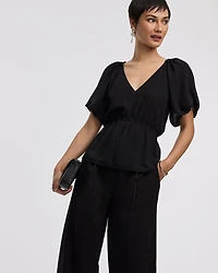 Short-Bubble-Sleeve V-Neck Blouse