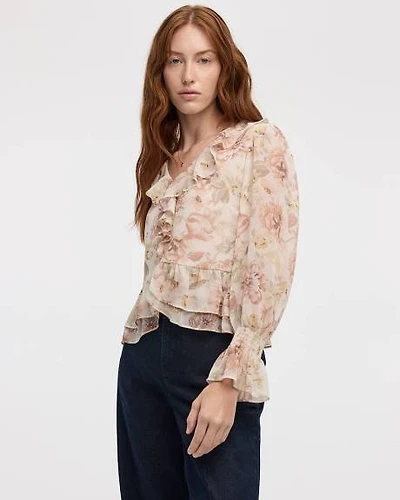 Long-Sleeve V-Neck Blouse with Ruffled Details