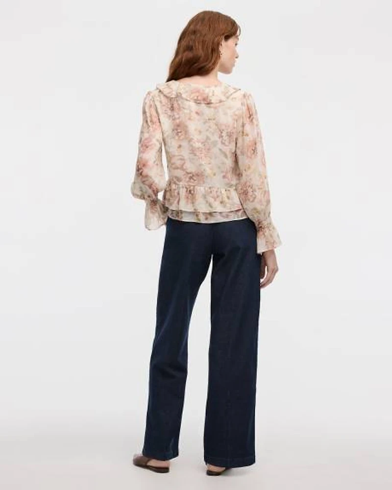 Long-Sleeve V-Neck Blouse with Ruffled Details