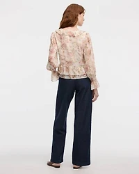 Long-Sleeve V-Neck Blouse with Ruffled Details