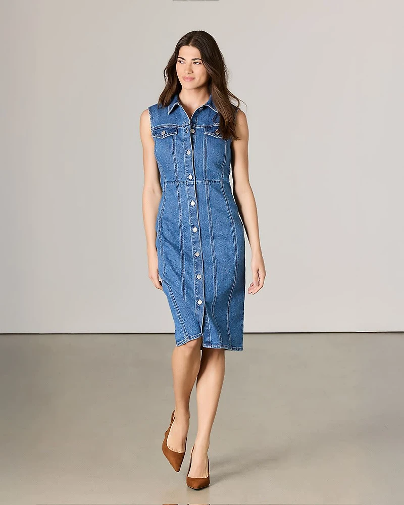 Sleeveless Buttoned-Down Midi Denim Dress