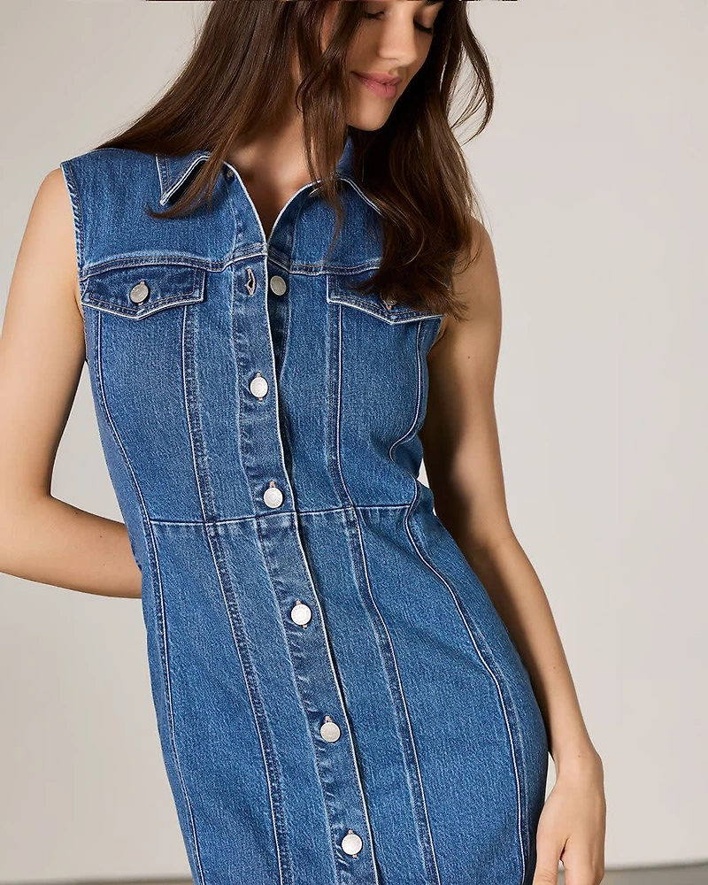 Sleeveless Buttoned-Down Midi Denim Dress