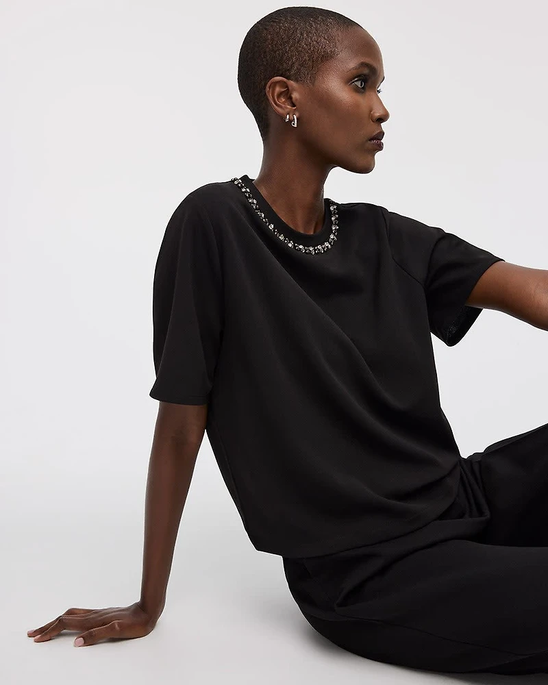 Short-Sleeve Jewelled Crew-Neck Top