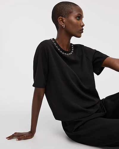 Short-Sleeve Jewelled Crew-Neck Top