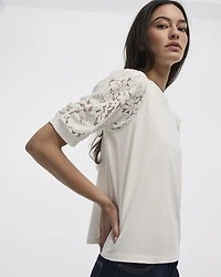 Crew-Neck Mix-Media T-Shirt with Puffy Elbow Sleeves