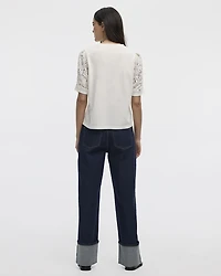 Crew-Neck Mix-Media T-Shirt with Puffy Elbow Sleeves