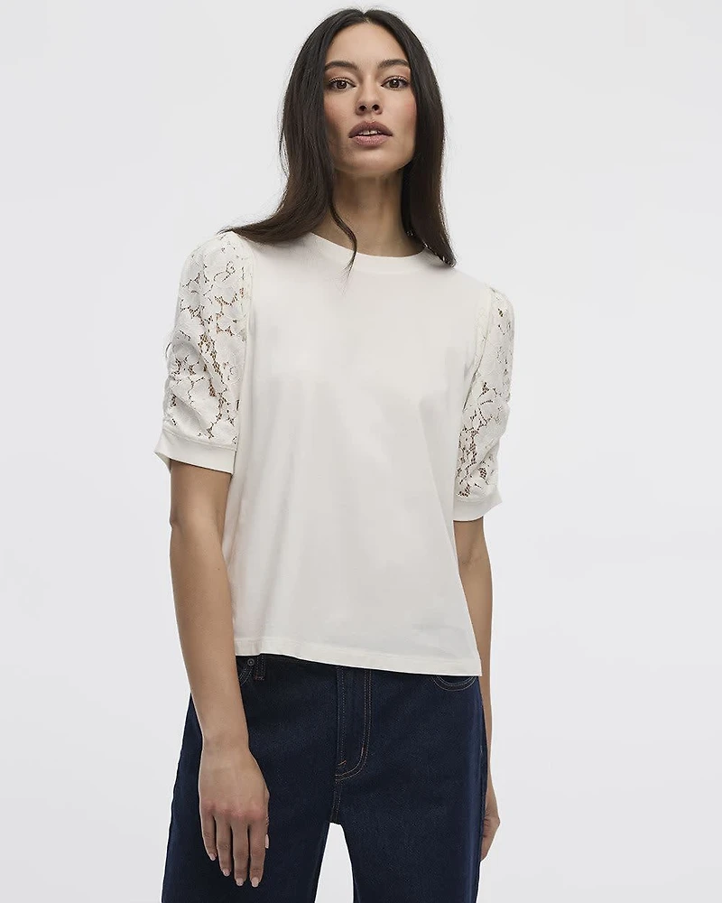 Crew-Neck Mix-Media T-Shirt with Puffy Elbow Sleeves