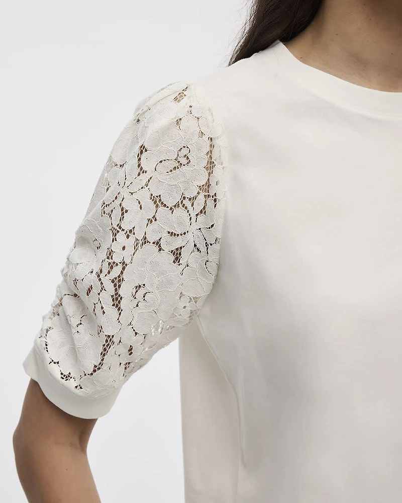 Crew-Neck Mix-Media T-Shirt with Puffy Elbow Sleeves