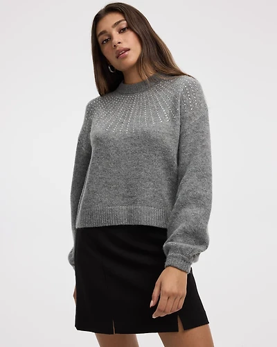 Long-Sleeve Mock-Neck Pullover with Rhinestones