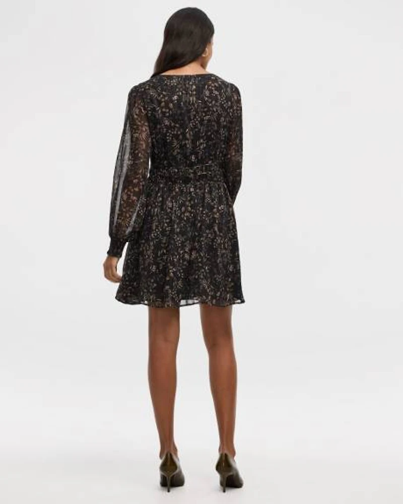 Long-Sleeve V-Neck Fit-and-Flare Mini Dress