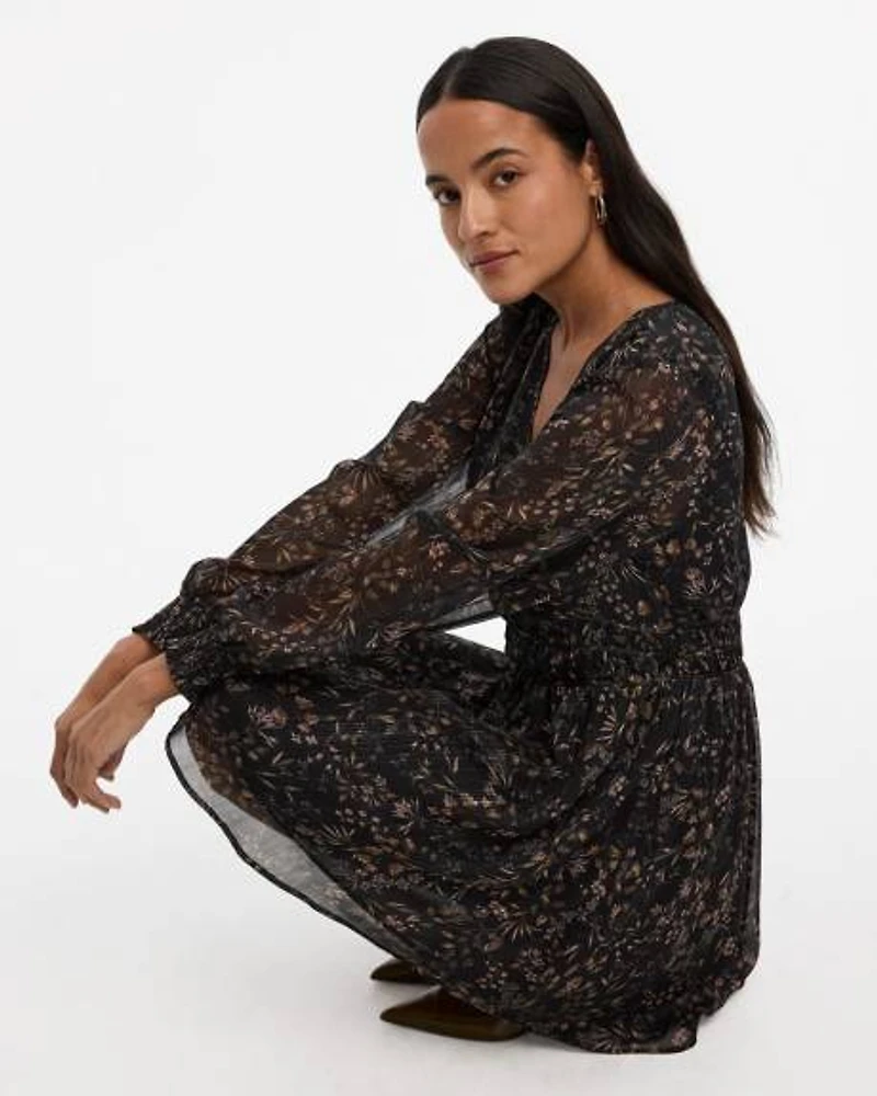 Long-Sleeve V-Neck Fit-and-Flare Mini Dress