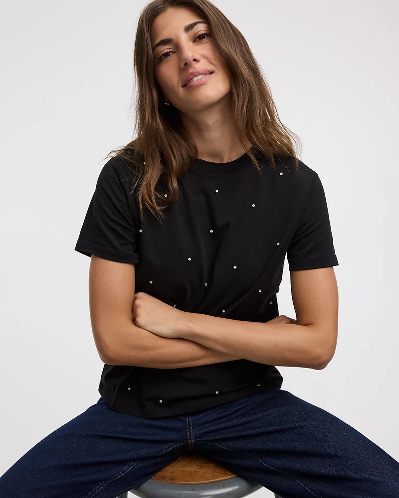 Short-Sleeve Crew-Neck Tee with Rhinestones