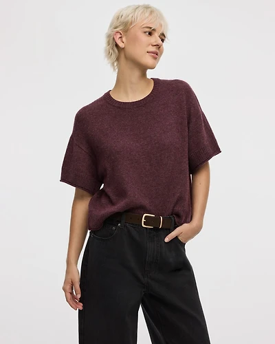 Cashmere-Blend Short-Sleeve Crew-Neck Loose Sweater