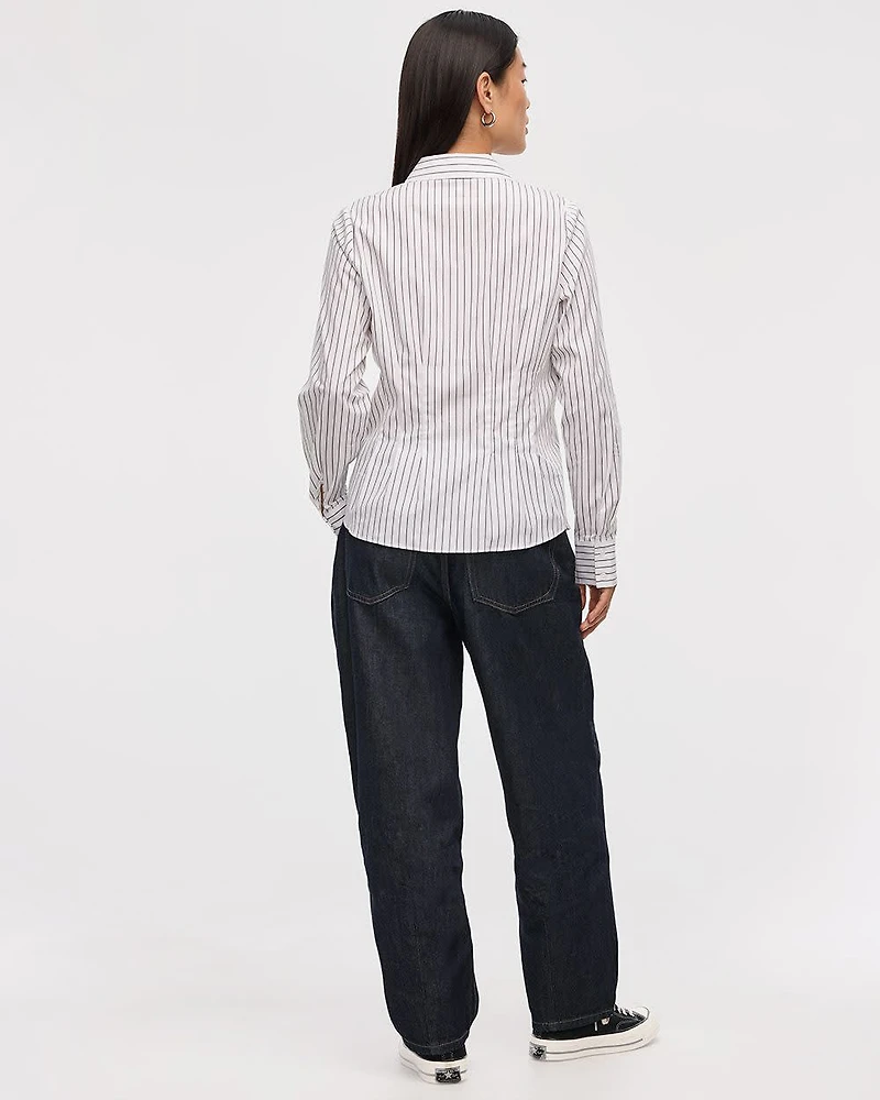 Striped Long-Sleeve Cinched Poplin Shirt