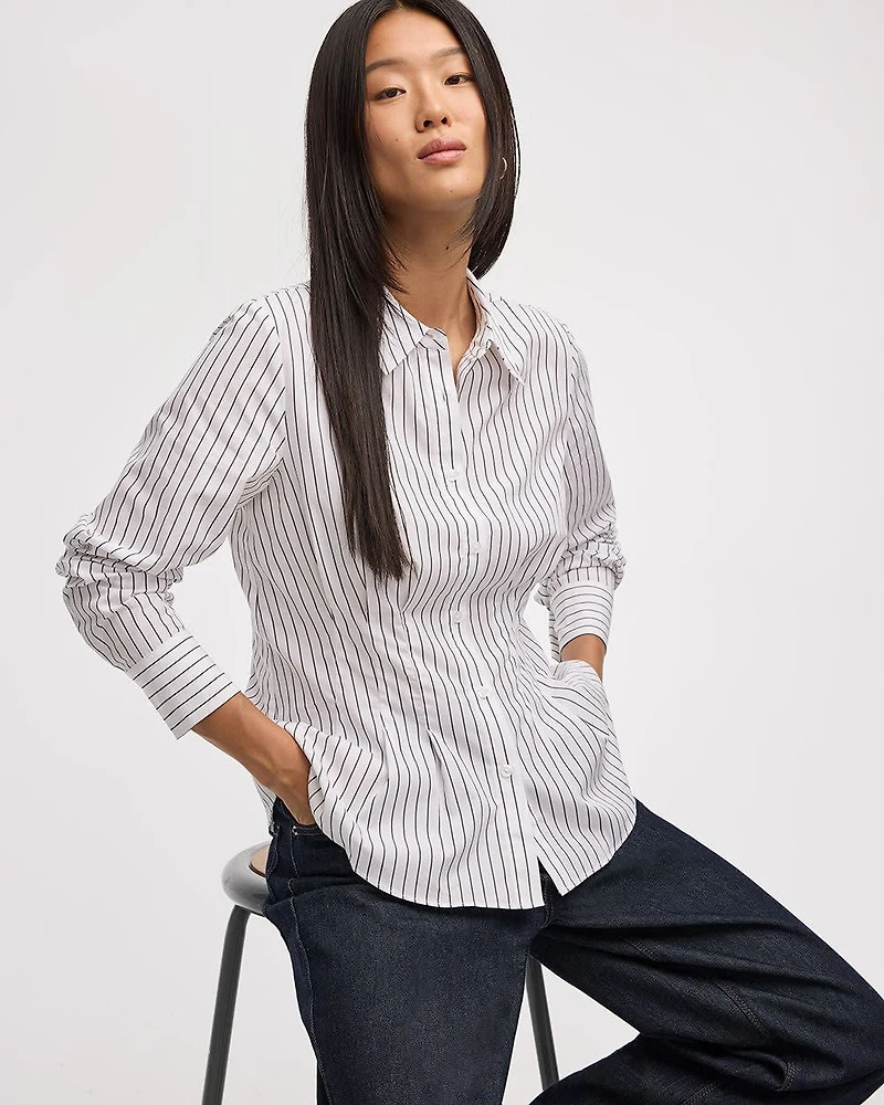 Striped Long-Sleeve Cinched Poplin Shirt