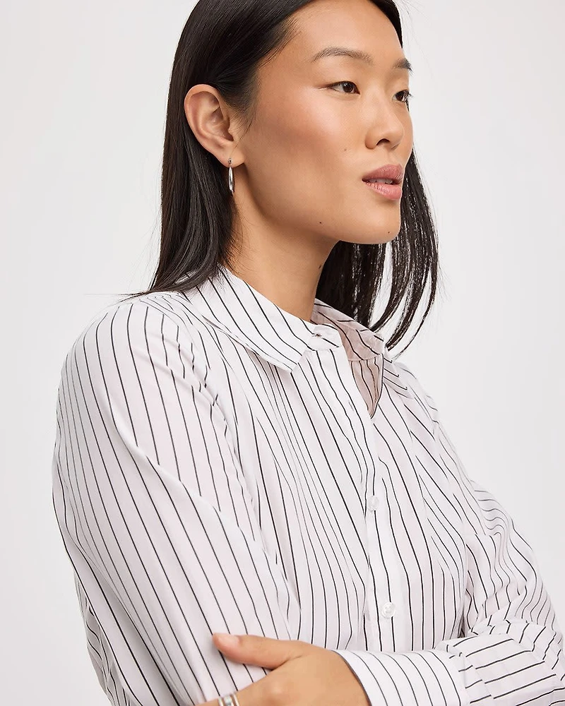 Striped Long-Sleeve Cinched Poplin Shirt