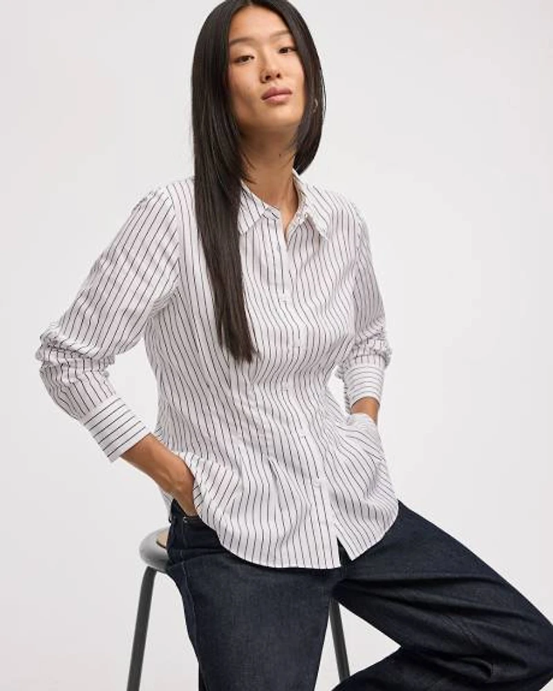 Striped Long-Sleeve Cinched Poplin Shirt