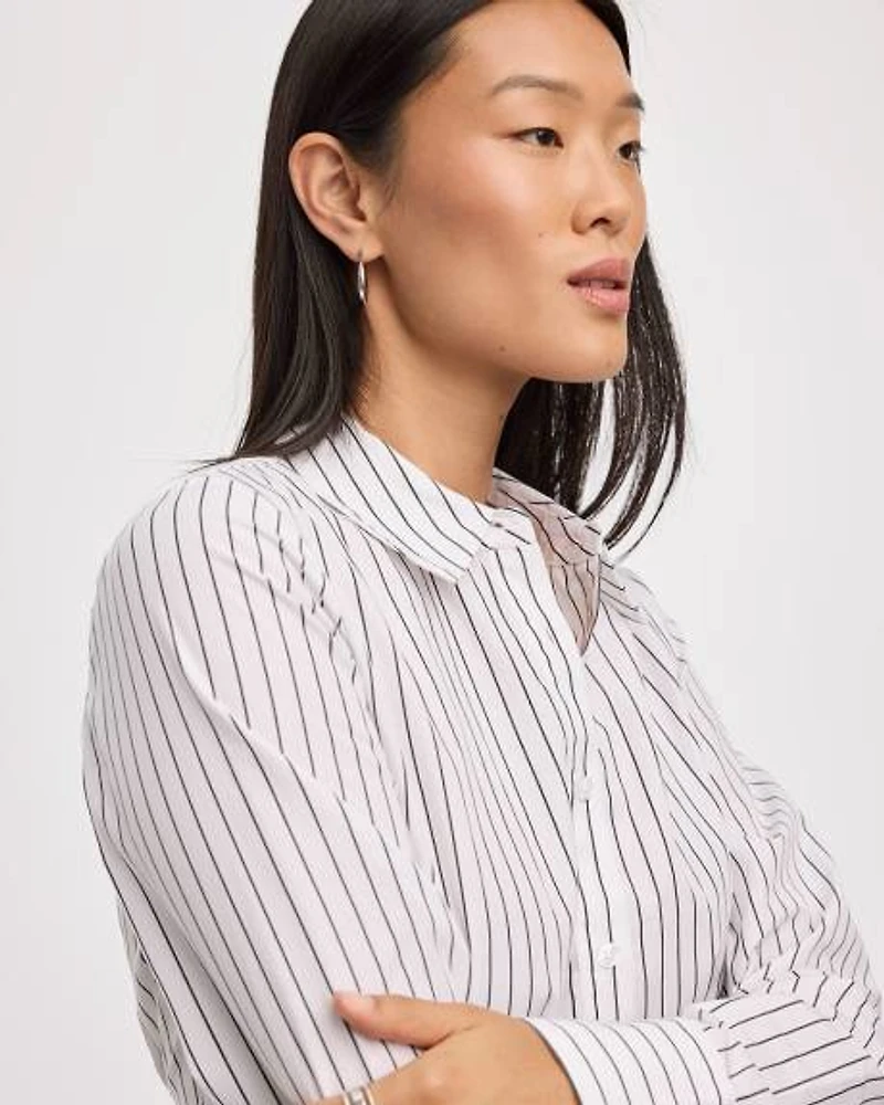Striped Long-Sleeve Cinched Poplin Shirt