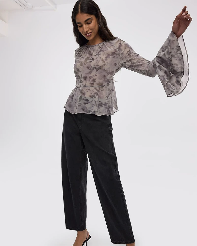 Long-Sleeve Crew-Neck Peplum Blouse