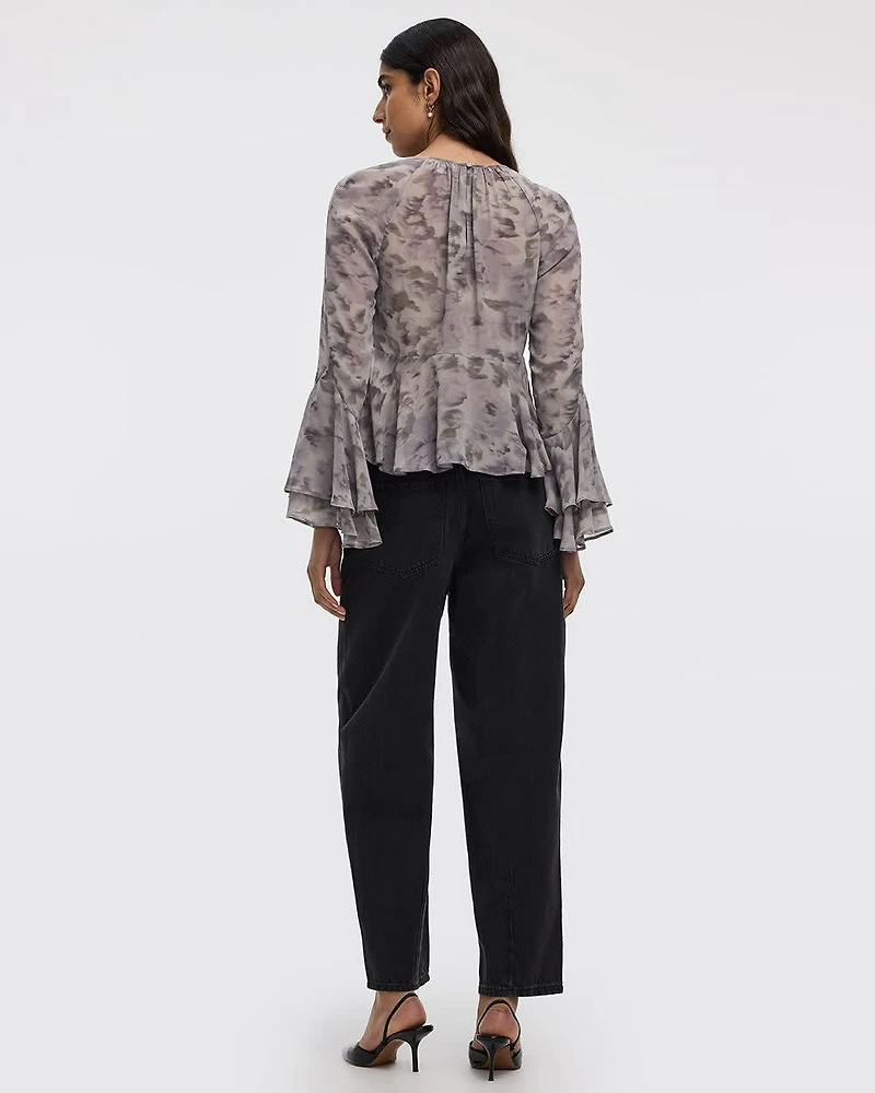 Long-Sleeve Crew-Neck Peplum Blouse