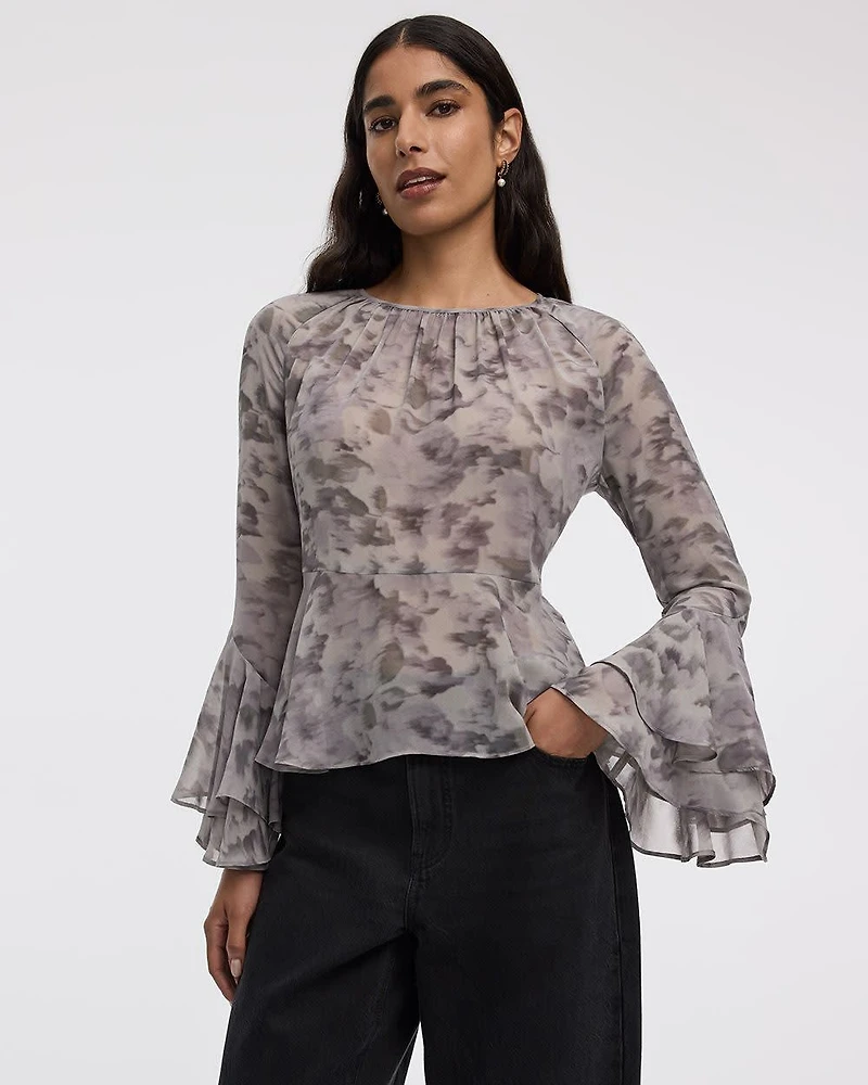 Long-Sleeve Crew-Neck Peplum Blouse