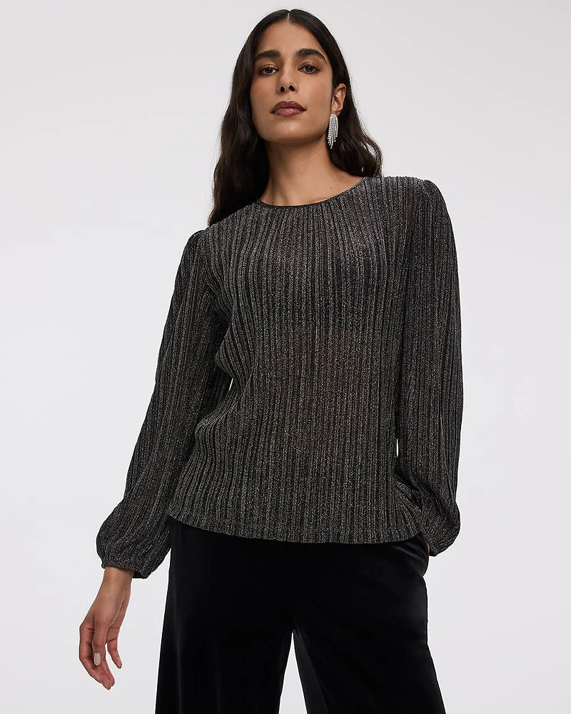 Long-Sleeve Crew-Neck Shimmery Blouse