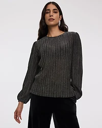 Long-Sleeve Crew-Neck Shimmery Blouse