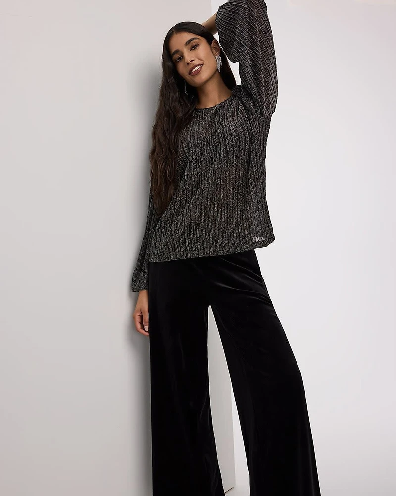 Long-Sleeve Crew-Neck Shimmery Blouse