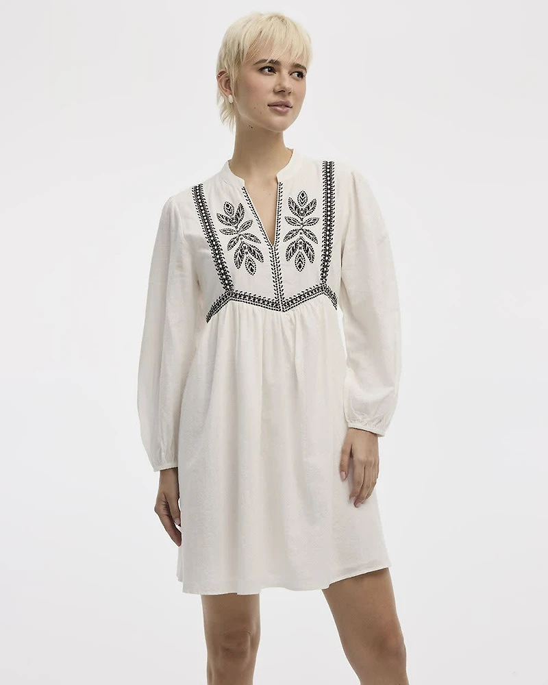 Long-Sleeve Split-Neck Swing Dress