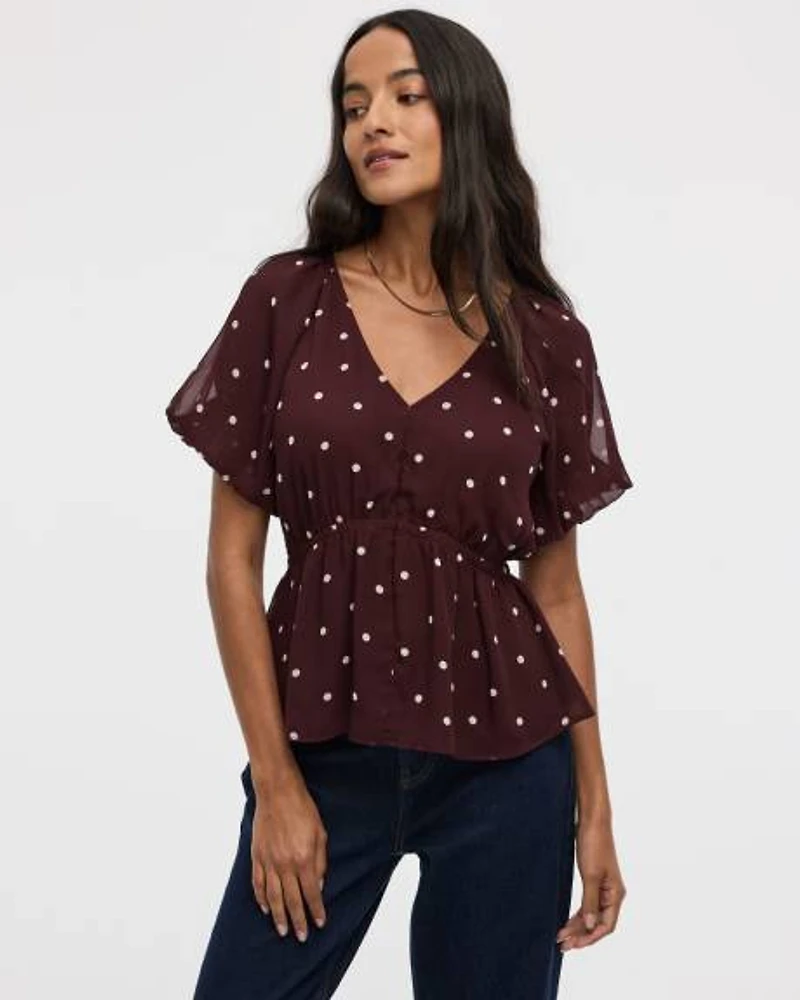 Short-Bubble-Sleeve V-Neck Blouse
