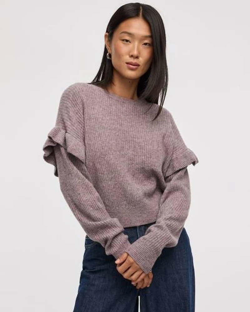 Long-Sleeve Crew-Neck Sweater with Ruffles