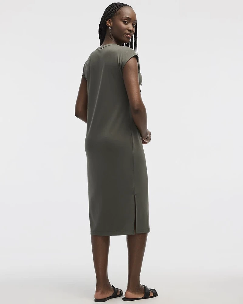 Extended-Sleeve Crew-Neck Midi Dress