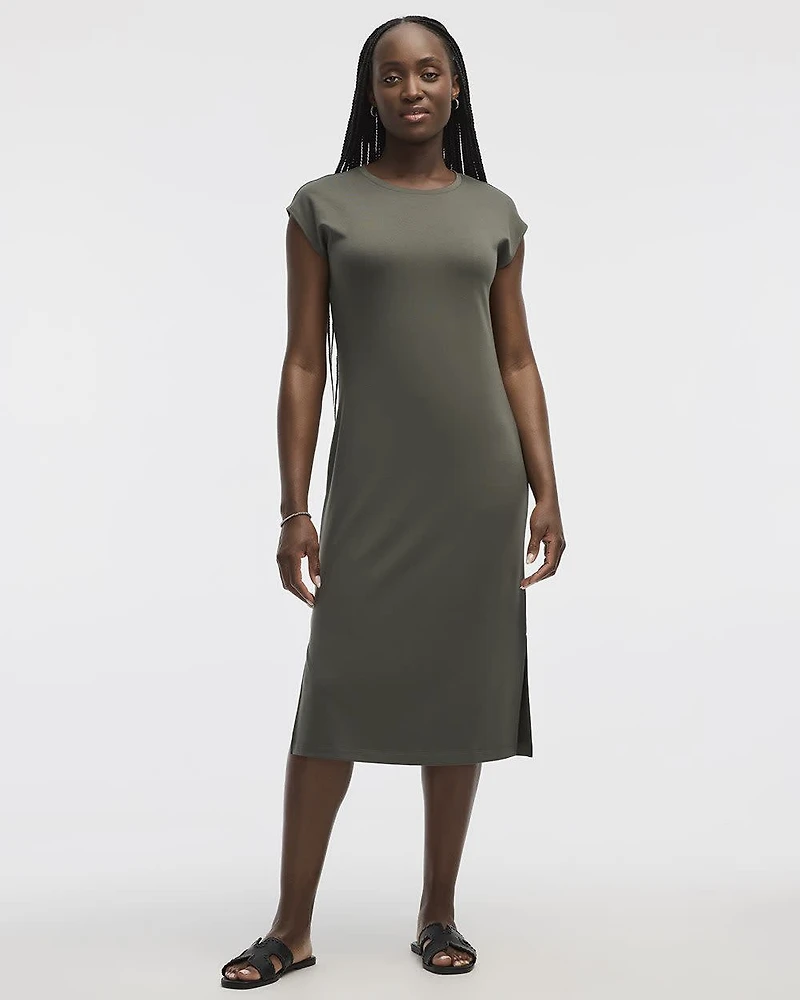 Extended-Sleeve Crew-Neck Midi Dress