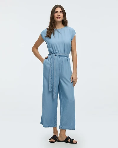 Straight-Leg Short-Sleeve Jumpsuit with Crew Neckline