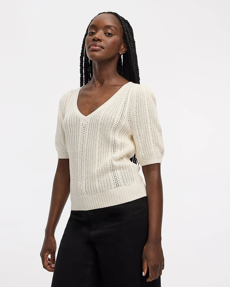 Pull à manches aux coudes bouffantes et col V