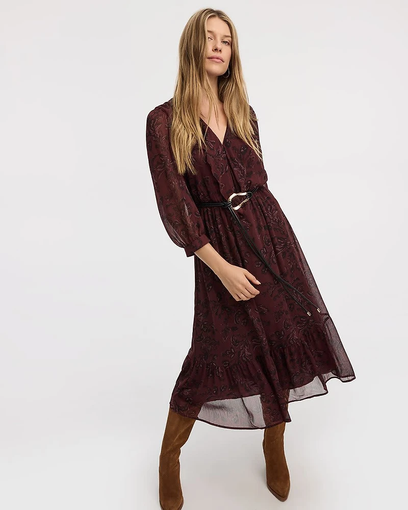 Long-Sleeve Midi Tiered Dress with Ruffles