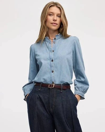 Mock-Neck Denim Blouse with 3/4 Puffy Sleeves