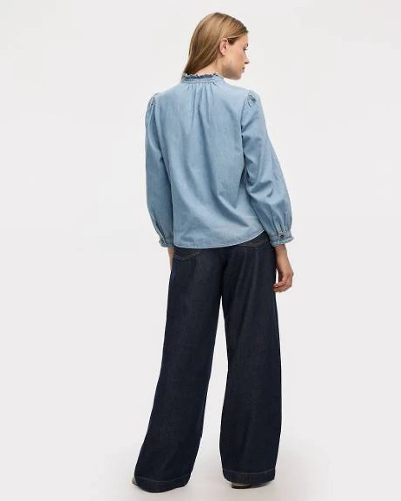 Mock-Neck Denim Blouse with 3/4 Puffy Sleeves